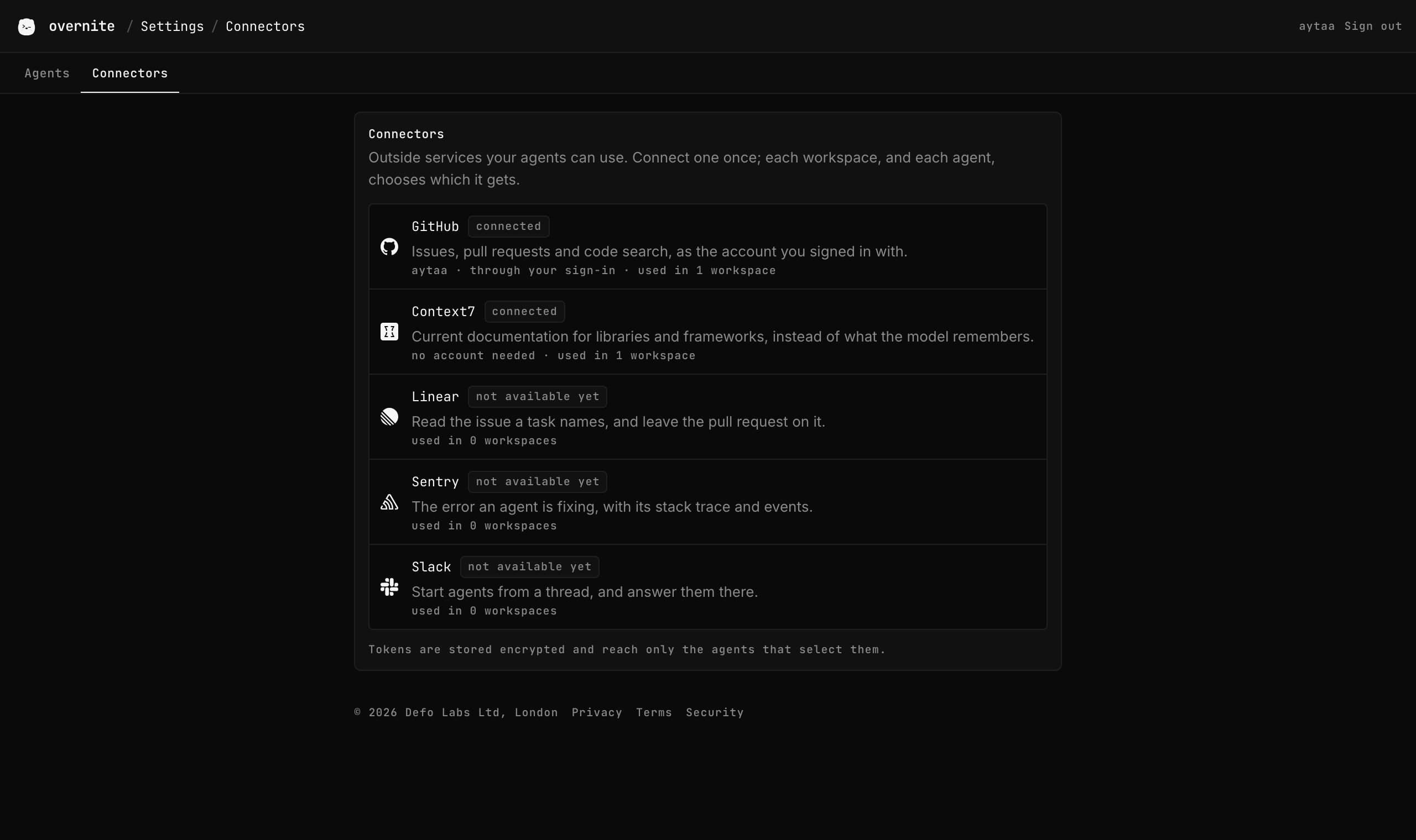 Settings, Connectors: GitHub connected through sign-in, Context7 always on, Linear, Sentry and Slack not available yet.