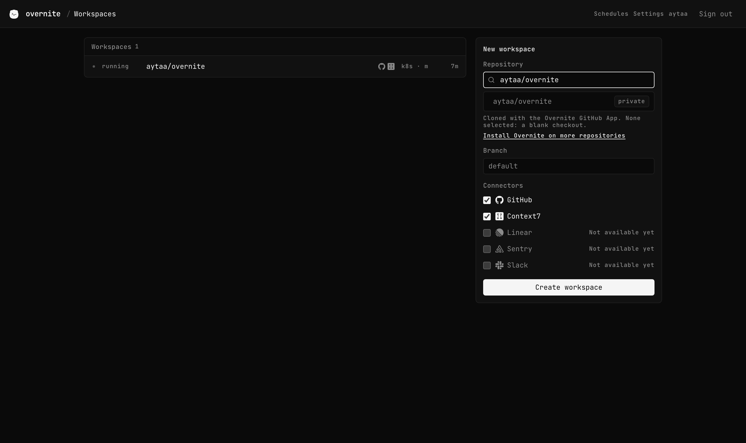 The Workspaces page: one running workspace, and the new workspace form with a repository search, a branch, connectors and Install Overnite on more repositories.